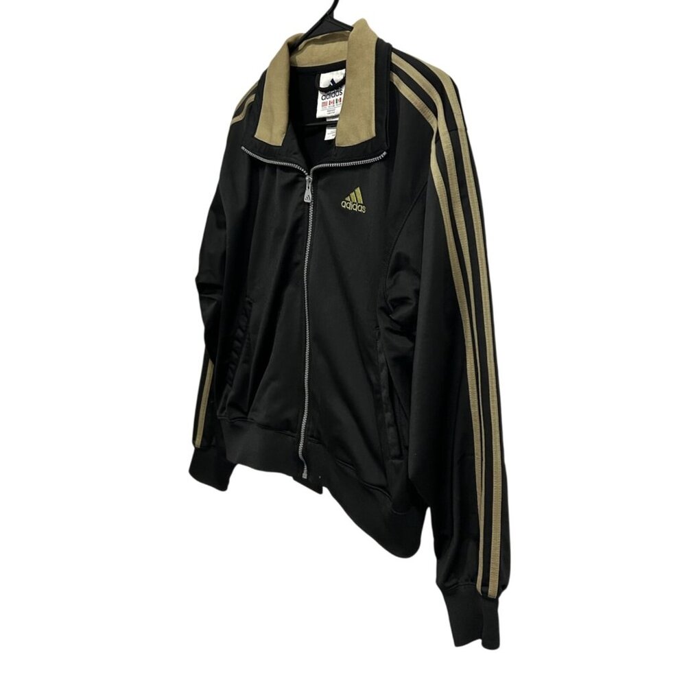 Adidas Mens Large Black Tan Full-Zip Track Jacket Retro Style Striped Sleeves - Picture 3 of 9